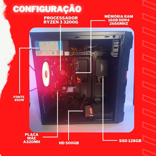 Imagem 2 de 2 de Pc Gamer Ryzen 3 3200g + 16gb Ram Ddr4 + 128gb Ssd + 500gb
