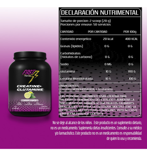 Creatina + Glutamina Fast Protein 1 Kg 50 Servicios Limón