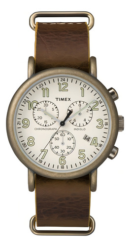 Relógio masculino Timex TW2p85300 Mesh Leather Indiglo Chrono Mesh Color Marrom Bisel Cor de Fundo Bronze Cor de Fundo Branco