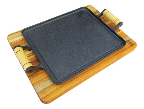 Chapa Bifeteira De Ferro Fundido Gourmet Profissonal Preparo Com Suporte De Madeira Tábua De Churrasco Para Preparar E Servir Carne Porção
