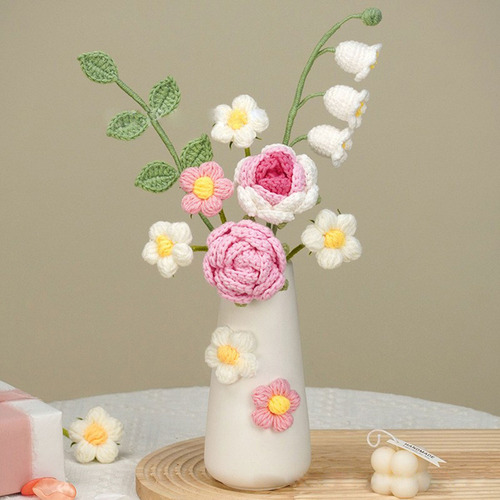 Flor De Lã Tricotada Com Vaso De Cerâmica