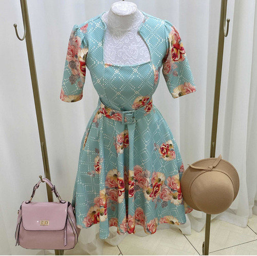 Imagem 4 de 7 de Vestido Social Evangelico Rodado Verde Claro Floral