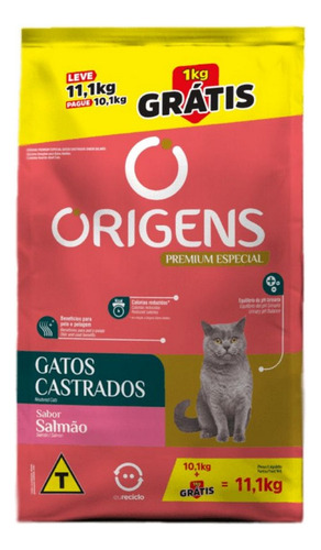 Ração Origens Para Gatos Castrados Salmão 10,1kg + 1kg