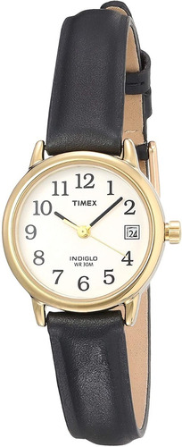 Reloj Mujer Timex Correa De Piel Con Luz 25 Mm T2h3419j Correa Negro Bisel Dorado Fondo Blanco