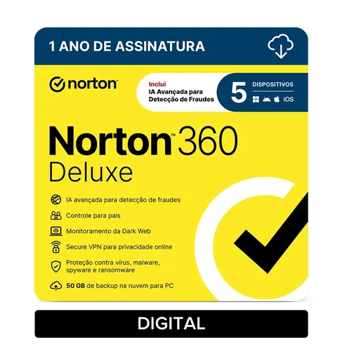Norton 360 Deluxe 50gb 5 Dispositivos 1 Ano (Digital)