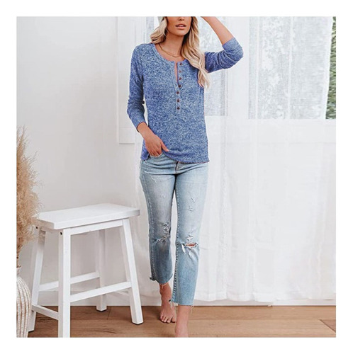 A Camiseta Casual De Manga Larga Con Cuello En V For Mujer