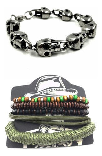 Pulsera De Acero + Pulsera De Cuero Mujer Hombre 