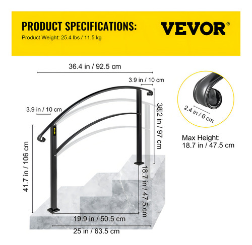 Vevor Barandal Pasamanos De Escalera 3 Pasos Hierro Forjado Color Negro