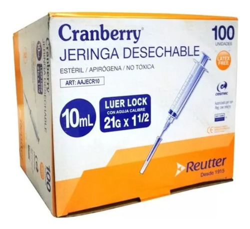 Jeringa Desechable Luer Lock 10cc 21g X 1 1/2 Caja 100 Unid