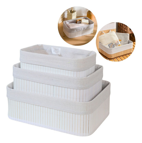 Kit 3 Cestos Organizadores De Bambu Multiuso Com Forro Cor Branco