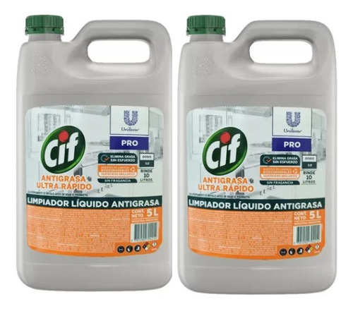 2 Bidones De Cif Limpiador Líquido Antigrasa Unilever 5 Lts