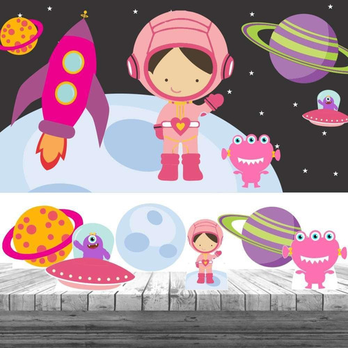 Kit Festa Astronauta Menina 6 Display + Painel Aniversário