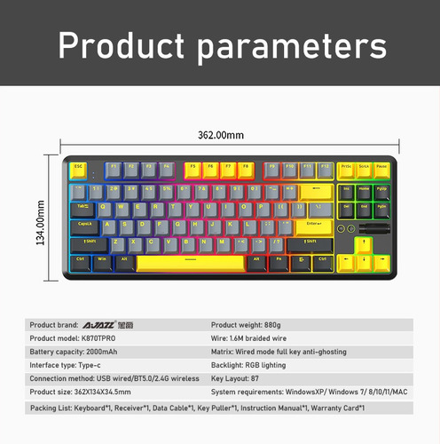 Teclado Mecánico Inalámbrico Ajazz K870t Pro Interruptor Neg