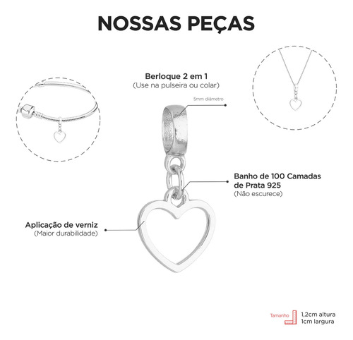 Pulseira Berloque Coração Vazado Banhado A Prata 925 Premium