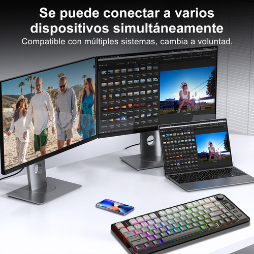 Teclado Free Wolf M75 Rgb Inalámbrico Bluetooth Con Pantalla Negro