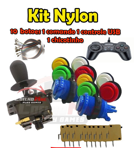 Kit Arcade10 Botões Nylon Comando Controle Usb E Chicote
