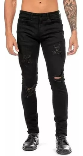 Jeans Rotos Mezclilla Stretch Negro Hombre