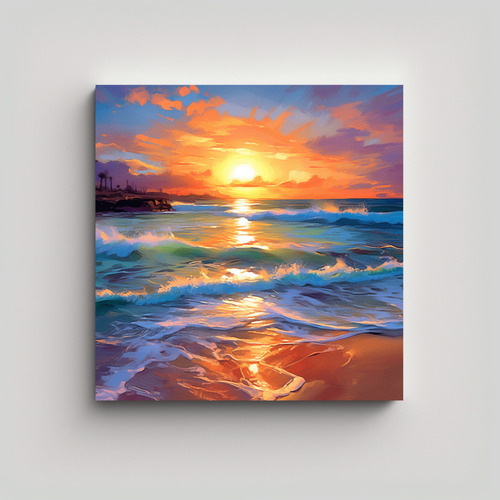 50x50cm Cuadro Atardecer En La Playa Bastidor Madera Flores