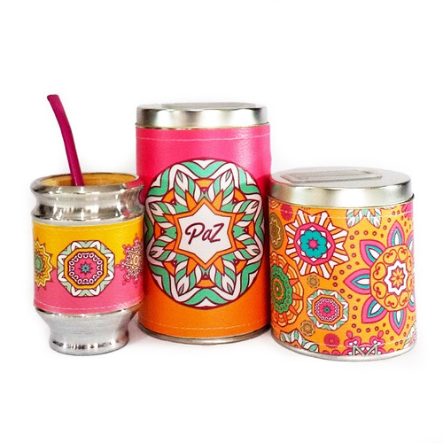 Imagen 3 de 6 de Equipo De Mate Madera Completo Mandalas Regalo Cuero Set