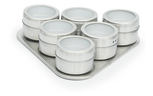 Porta Condimento Tempero 6 Potes Magnéticos Aço Inox Imã Cor Prateado