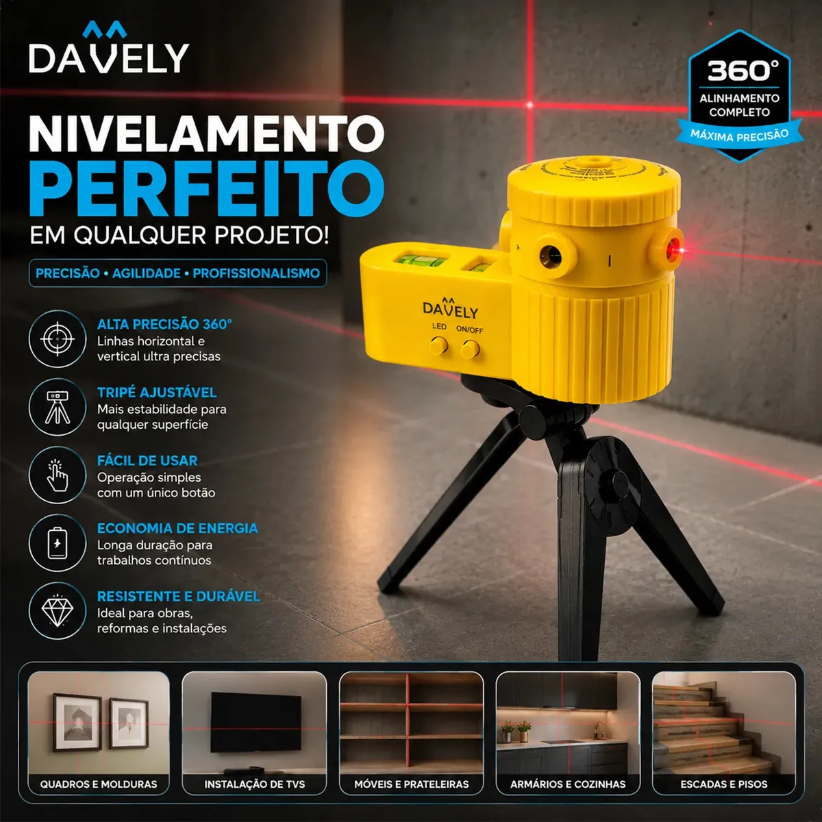 Nivelador A Laser Digital Nível Profissional Com Tripé Ajustável 360° Alinhamento Profissional Multifuncional Linhas Horizontal Vertical Obras Reformas Quadros TV's Davely
