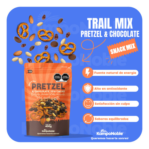 Trail Mix Pretzel & Chocolate | Mezcla De Pretzel, Chocolate 70% Cacao, Almendra Tostada, Cacahuate Tostado Y Pasitas | Contenido Neto: 400 g | Kamponoble