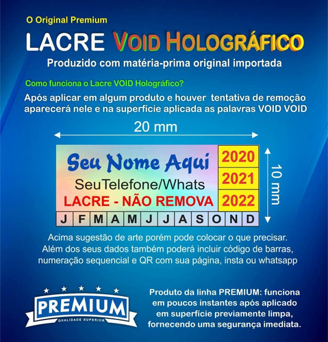 Lacre Void Holográfico Premium Personaliza 20x10mm 540un Cor