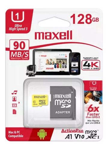 Tarjeta Memoria Maxell Micro Uhs U3 Sd 128gb Clase 10 Hd 4k 