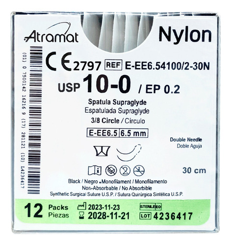Sutura Nylon 10-0 3/8 Circulo 6.5mm 30cm Doble Aguja