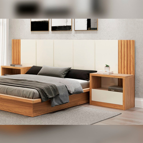 Kit Quarto Cama + 2 Mesa De Cabeceira + Cabeceira 3,0m Cor Freijó Com Off White