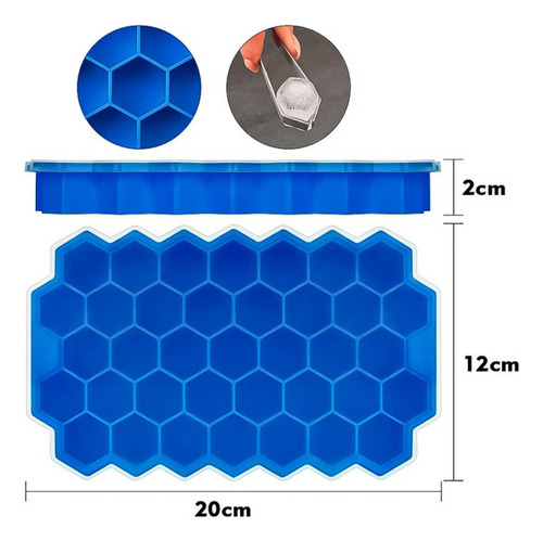 Hielera De Silicona Con Tapa Forma Panal Hexagonal 37 Cubos Azul