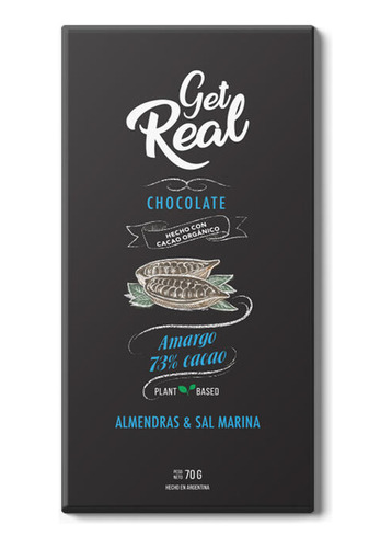 Chocolate Amargo 73% Cacao Almendras Sal Marina Get Real 70g