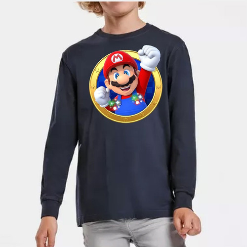 Polera Led Manga Larga Algodón Niños Mario Bros Puño