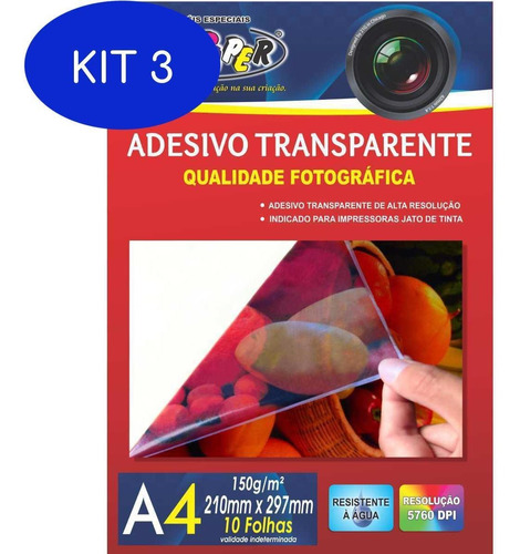Kit 3 Papel Fotográfico Inkjet A4 Transparente Adesivo 150g