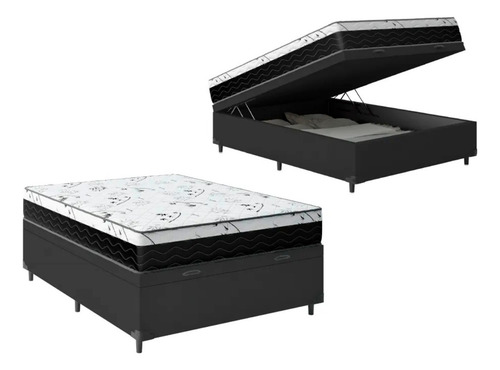 Cama Box Baú Viúva Sintético Preto Com Colchão Espuma 