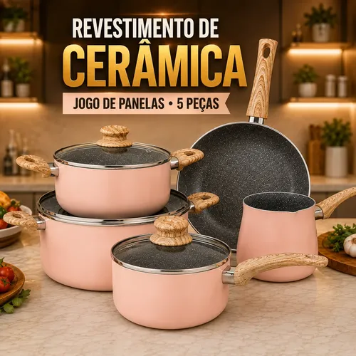 Jogo Panelas Kit 5 Peças Antiaderente Cerâmica Indução  Gás Rose