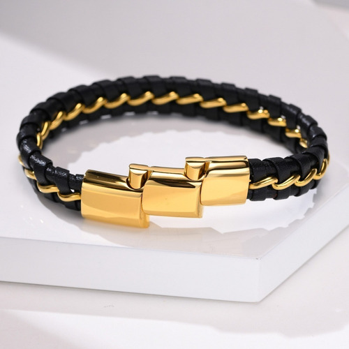 Pulsera De Hombre De Cuero Y Acero Inoxidable Ajustable