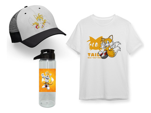 Pack Negro Remera + Botella + Gorra Sonic Tails Knuckles 