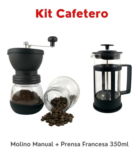 Kit Cafetero Molino Manual De Vidrio + Prensa Francesa 350ml