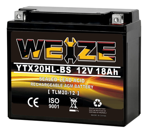 Weize Bateria Ytx20hl-bs, Alto Rendimiento, Sin Mantenimient