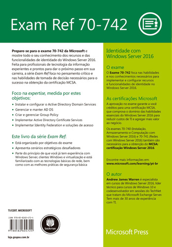 Exam Ref 70-742: Identidade com Windows Server 2016, de Warren, Andrew. Microsoft Editorial Bookman Companhia Editora Ltda., capa mole em português, 2018