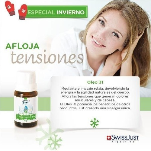 ÓLEO 31 Swiss Just . Compuesto por una combinacion de 31 aceites esenciales 100% puros. Refresca y revitaliza, alivia el dolor de cabeza y minimiza la tensión acumulada en músculos y articulaciones.