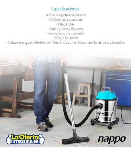 Aspiradora Industrial Nappo 1400w Acero 20l Agua Y Polvo Color Acero inoxidable