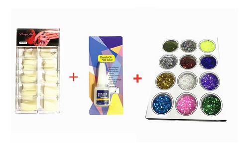 Set Tips Uñas Postizas + Pegamento 10g + Set 12 Glitter