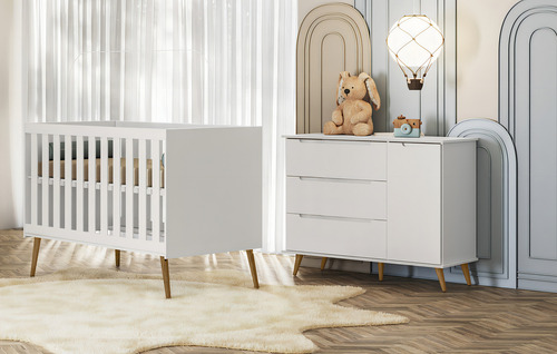 Quarto Bebe Retrô 100% Mdf- Lunna Berço + Gaveteiro - Branco