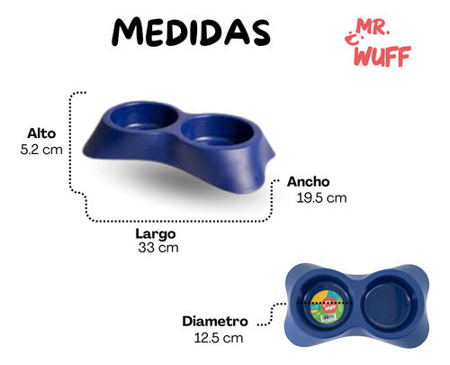 Plato Doble Comedero Para Perro Plastico mediano Mr Wuff Color Azul
