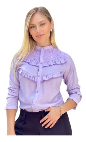 Camisa Con Broderie Y Volados Cuello Mao Mujer 