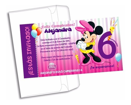 Invitaciones Fiesta De Cumpleaños Minnie Mouse + Sobres Iris