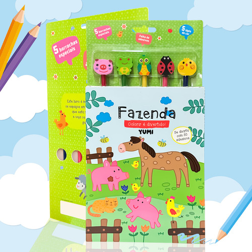 Livro De Colorir E Lápis Animais Da Fazenda | Com 50 Adesivos E Borracha De Bichinhos