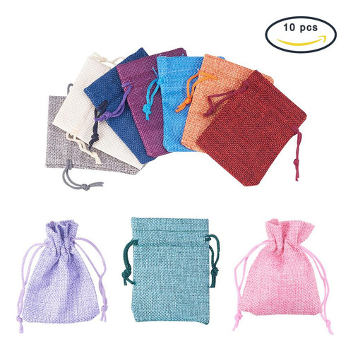 Para 10 Piezas De Lino Con Cordón Bolsas De Regalo De Tela